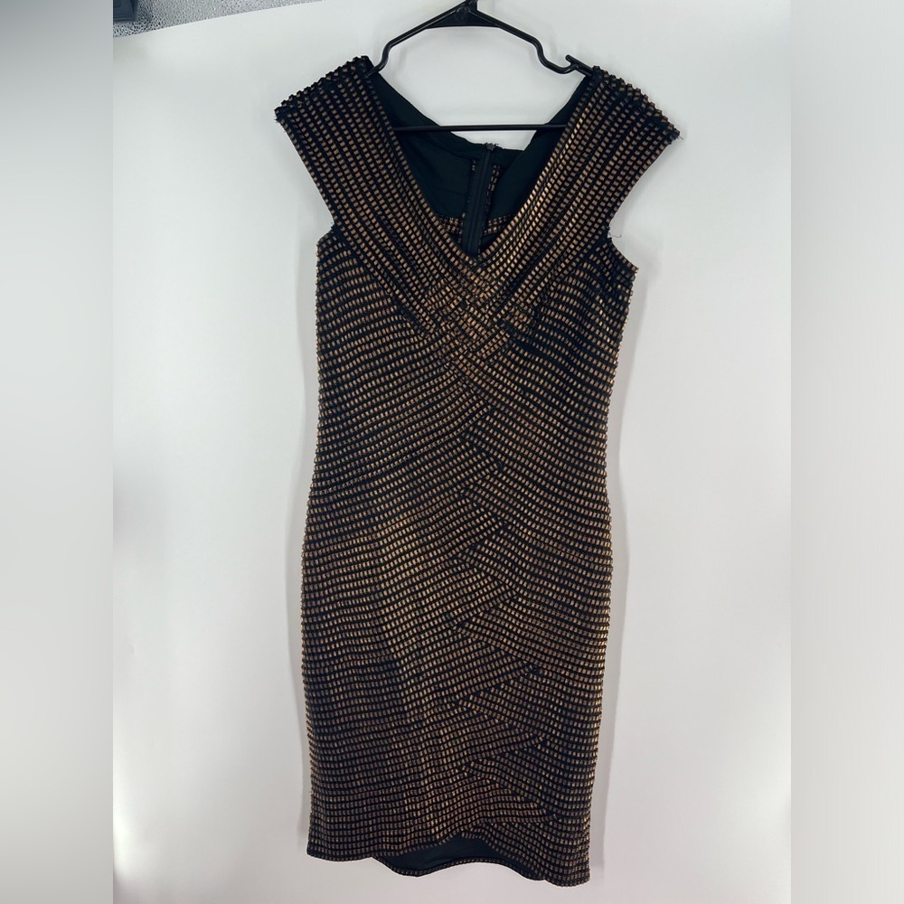 TADASHI SHOJI PEWTER & GOLD BEADED SEQUINED RUCHED COCKTAIL SHEATH DRESSS SIZE 6